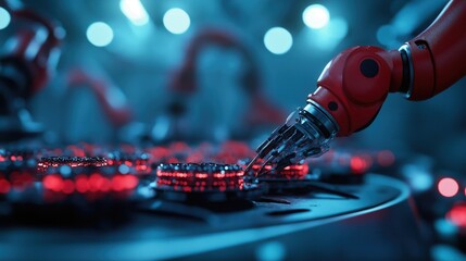 Poster - Robotic arm assembling components high-tech factory close-up industrial environment futuristic concept