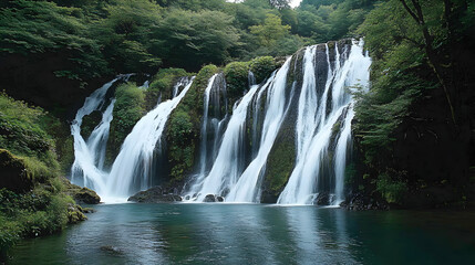 Poster - Serene Mountain Waterfall Surrounded by Lush Green Foliage and Tranquil Blue Waters