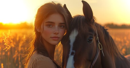 Poster - A young woman stands close to her horse in a golden field at sunset, both illuminated by the warm sunlight. Their connection is evident as they enjoy this serene moment together.