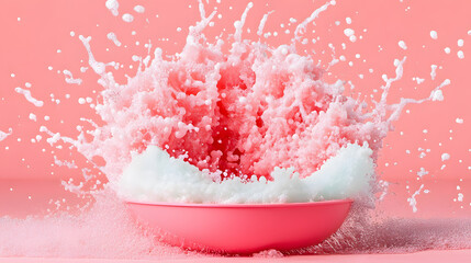 Aufkleber - A vibrant pink bowl filled with foamy bubbles splashes against a pastel pink background, creating a playful and dynamic visual effect