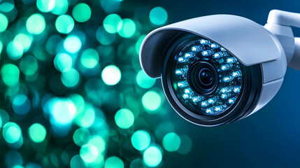 Poster - A close-up of a surveillance camera with blue LED lights, set against a backdrop of soft, blurred green bokeh lights, emphasizing security and technology