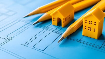 Poster - A vibrant image featuring yellow pencils and small house models on a blueprint, symbolizing architectural design and planning
