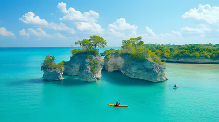 Poster - A serene tropical landscape featuring turquoise waters, rocky islands with greenery, and kayakers exploring the tranquil surroundings under a bright blue sky