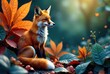 © Angel Pic - A majestic red fox, with a luxurious tail, sits serenely amidst a vibrant autumnal landscape, surrounded by rich foliage and the warm glow of the setting sun.