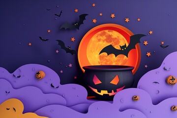 Wall Mural - Halloween festival without text on 3d soft render style A banner with a large, colors purple orange background, full moon in the center, surrounded by a paper cut-style witch's cauldron and flying bat