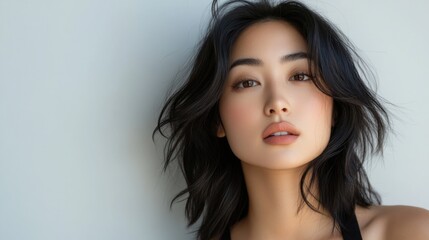 Sticker - Portrait of a young Asian woman with flawless skin and dark wavy hair against a light neutral background showcasing natural beauty and elegance.