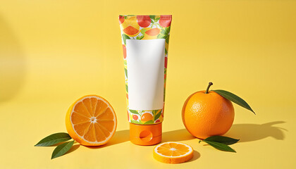 tube mockup with orange design and fresh oranges on a yellow background with copy space
