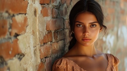 Poster - Portrait of young Spanish woman with long dark hair posed against a textured brick wall illuminated by natural light in warm tones