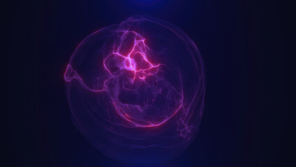 Poster - Purple glowing abstract sphere shape resembling energy waves on a dark background