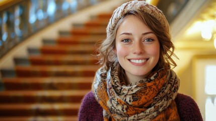 Wall Mural - Smiling Young Woman in Warm Autumn Attire on Elegant Wooden Staircase with Natural Light and Cozy Textiles in Soft Earthy Tones