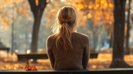 Wall Mural - Blonde woman sitting on a park bench during autumn surrounded by golden and amber leaves in a serene landscape.