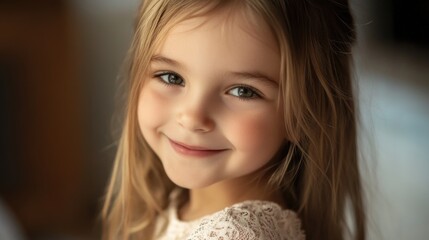 Sticker - Smiling young girl with long light brown hair wearing a white lace dress looking back at the camera in a softly lit cozy indoor environment