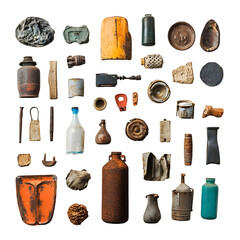 Arranged Assortment of Deteriorated Discarded Items on Clean White Background