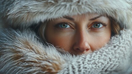 close-up winter portrait of a middle-aged woman with blue eyes wearing a fur cap and cozy knitted sw