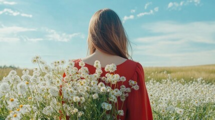 Wall Mural - Beautiful young woman with flowing brown hair holding a bouquet of white chamomiles in a vibrant green summer field under a clear blue sky