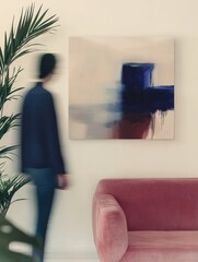 Canvas Print - Blurred person against the wall with painting in white flat interior with plant and millenial pink couch. Real photo