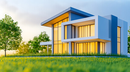 Aufkleber - A modern house with large windows, surrounded by lush greenery, showcasing a sleek architectural design under a bright sky