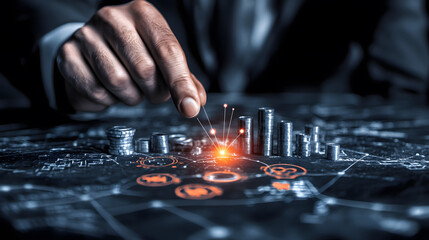 Poster - A hand interacts with a digital financial graph, showcasing data analytics and investment opportunities in a futuristic setting