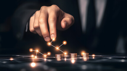 Poster - A hand reaches towards glowing coins, symbolizing investment, finance, and the connection between technology and wealth creation