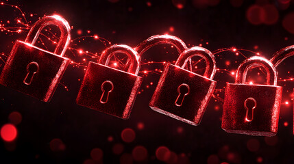 Poster - A series of glowing red locks against a dark background, symbolizing security, protection, and privacy