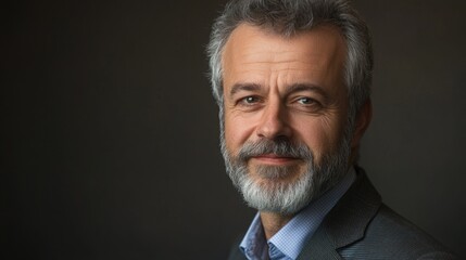 Poster - portrait of a mature man with gray beard and hair smiling against a dark background with soft lighting Copy Space