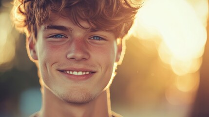 Wall Mural - Smiling young man with curly hair and blue eyes in outdoor setting during sunset with soft warm light and bokeh background Copy Space