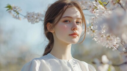 Wall Mural - Young woman in soft white blouse with natural makeup among blooming cherry blossom trees, serene spring atmosphere, Copy Space