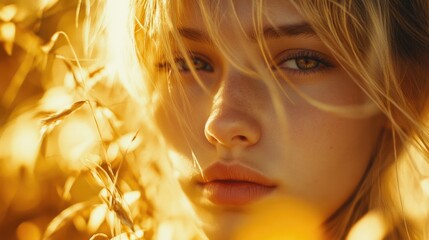 Wall Mural - Close-up portrait of a young woman with soft features surrounded by golden autumn foliage with natural light and copy space