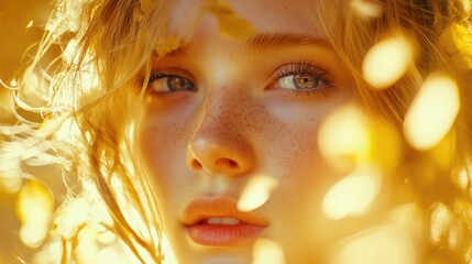 Wall Mural - Close-up portrait of a young woman with freckles surrounded by autumn leaves with soft sunlight creating a warm glow Copy Space