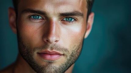 Poster - Close-up portrait of a young man with blue eyes and a well-defined jawline against a textured background Copy Space