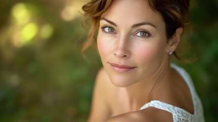 Poster - Portrait of a woman with green eyes and wavy brown hair smiling in natural light outdoors with a blurred background Copy Space