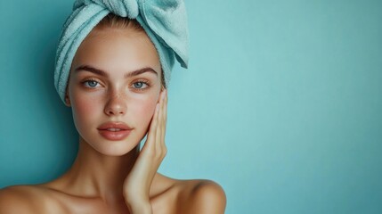 Wall Mural - Close-up portrait of a young woman with a towel on her head against a blue background with natural makeup and clear skin Copy Space