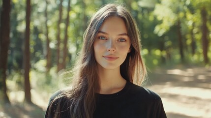 Wall Mural - Portrait of a young woman smiling in a forest setting with natural light and blurred background featuring trees Copy Space