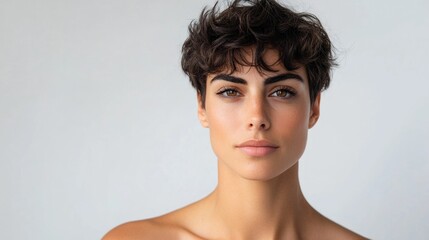 Poster - Portrait of young woman with short curly hair and natural makeup against light background Copy Space