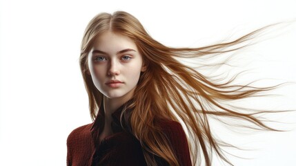 Wall Mural - Portrait of a young woman with long flowing hair on a white background with a soft focus and copy space for text