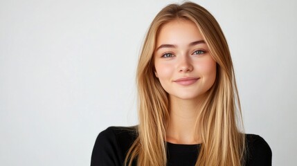 Poster - Smiling young woman with long blonde hair on light background with natural expression and soft lighting Copy Space