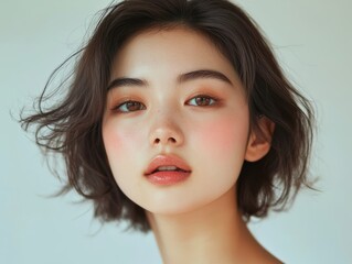 Wall Mural - A youthful Asian woman with a bob haircut smiles brightly, showcasing her natural beauty against a plain white background.