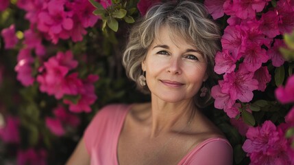 Sticker - Portrait of woman with short gray hair against vibrant pink azalea flowers smiling softly in natural light