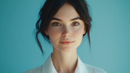 Poster - Portrait of a young woman with dark hair and natural makeup against a solid blue background with Copy Space