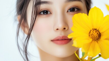 Wall Mural - Close-up portrait of young woman with natural makeup holding yellow flower against white background Copy Space