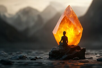 Poster - A 3D-rendered illustration of a person sitting on a throne made of jagged, glowing shards, their face shadowed and their expression bitter, with ominous light surrounding the scene
