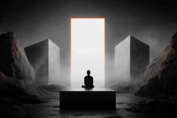 Poster - A 3D-rendered scene of a person sitting in a large, empty room with cold, metallic walls, illuminated by a faint, flickering light above, emphasizing solitude and despair
