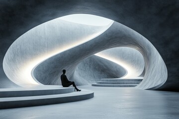 Poster - A 3D-rendered scene of a person sitting in a large, empty room with cold, metallic walls, illuminated by a faint, flickering light above, emphasizing solitude and despair