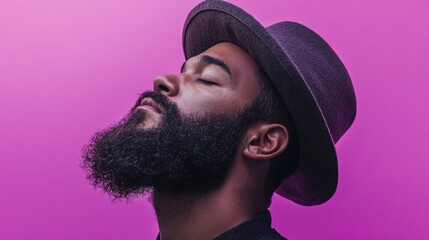 Poster - profile portrait of a man with a beard wearing a hat against a vibrant pink background with copy spa