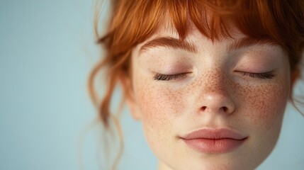 Poster - Close-up portrait of young woman with red hair and freckles against a light blue background Copy Space