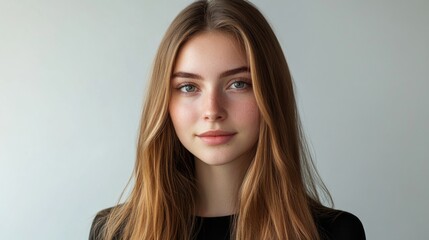 Sticker - Portrait of a young woman with long hair and natural makeup against a light background Copy Space