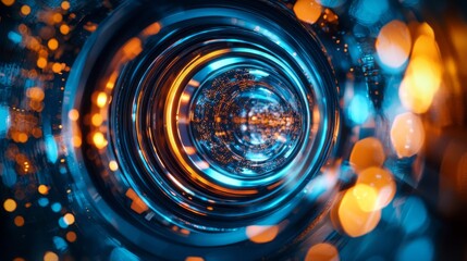 Poster - A closeup shows a vivid interplay of light and color through a microscope lens, highlighting a fascinating world of discovery with glowing blue and orange orbs