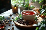 A cup of tea is being poured surrounded by tea leaves and nuts A relaxing and tranquil scene