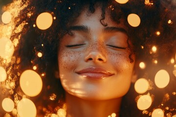 Poster - A close-up of a person face with a radiant smile, their eyes closed and expression full of pure joy, captured under natural sunlight