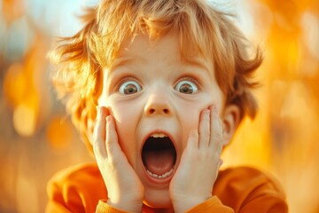 Aufkleber - A close-up of a person face with their eyes wide and mouth open in excitement, their hands clasped over their cheeks as they jump in joy